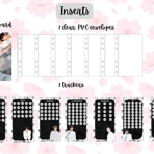 May include: A planner insert set with a dashboard, clear PVC envelopes, and seven trackers. The trackers are black with white dots and feature images of people. The text "Inserts" is at the top.