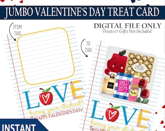 May include: A Valentine's Day treat card design with the text "JUMBO VALENTINE'S DAY TREAT CARD" and "DIGITAL FILE ONLY". The card features a lined paper design with the word "LOVE" and an apple graphic. The card is designed for students.