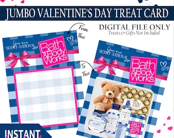 May include: A printable Valentine's Day treat card featuring a blue and white gingham pattern with a pink bow and the text "You are Scent-Sational". The card is decorated with the Bath & Body Works logo and the text "From This" and "To This".
