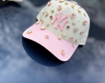Pink Bling NY Yankees Adjustable Snapback Hat – with Pearls & Rhinestones
