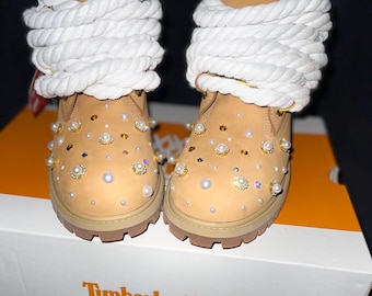 Custom Bling Timberland Boots | Pearl & Crystal Rope Lace Timbs | Women’s Designer Inspired Boots | Handmade Luxury Footwear