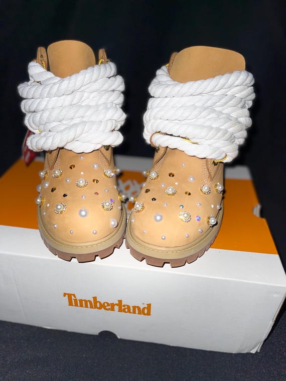 Custom Bling Timberland Boots | Pearl & Crystal Rope Lace Timbs | Women’s Designer Inspired Boots | Handmade Luxury Footwear