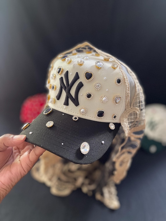 Embellished Black Cap with Pearl Accents Black & White NY Snapback~blinged With Pearls, Rhinestone  main image 2