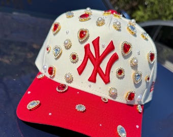 Custom Bling Red & Cream NY Yankees SnapBack Hat
