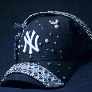 Custom Bling NY Yankees Hat – Black Snapback with Silver Rhinestones and Pearls