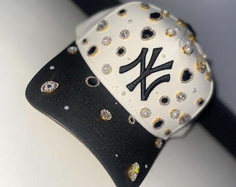 Custom Black & White NY Snapback ~Fully Blinged With Pearls and Rhinestones