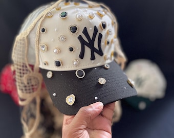 Black & White NY Snapback~Blinged With Pearls, Rhinestone, and Gold/Black Veil