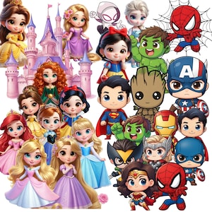Puede incluir: Una colección de pegatinas de personajes de dibujos animados con princesas de Disney y superhéroes de Marvel. Las princesas visten vestidos coloridos, y los superhéroes incluyen a Spider-Man, Capitán América e Iron Man. Un castillo rosa está en el fondo.