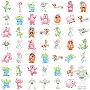 May include: A collection of various Toy Story character stickers featuring Buzz Lightyear, Woody, Jessie, Rex, Slinky Dog, Lotso, Mr. and Mrs. Potato Head, Bo Peep, Hamm, and the green aliens in multiple poses, expressions, and colorful outfits.