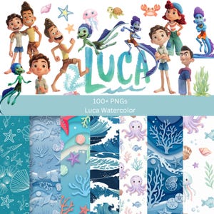 Puede incluir: Una colección de arte digital con personajes de la película "Luca" y varios patrones de acuarela con temática oceánica. La imagen incluye ilustraciones de criaturas marinas, niños y la palabra "Luca" en estilo acuarela. También está presente el texto "100+ PNGs" y "Luca Watercolor".