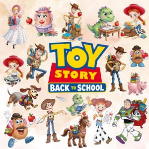 Puede incluir: Un gráfico de Toy Story Back to School con personajes como Woody, Buzz Lightyear, Jessie, Rex, Slinky Dog y el Sr. y la Sra. Cara de Papa. Los personajes aparecen con útiles escolares como mochilas, libros, lápices y manzanas.