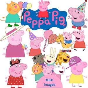 Peut inclure: Illustration colorée avec des personnages de la série Peppa Pig. L'image présente Peppa Pig et ses amis, avec des ballons, des chapeaux de fête et le texte "Peppa Pig" en bleu. Le texte "100+ images" est également inclus.