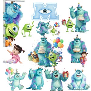 Pacchetto di oltre 70 clipart ad acquerello di Monsters & Co. in formato PNG, clipart di Monsters & Co., clipart per la festa di compleanno di Mike Sulley Boo, simpatici personaggi di Monsters & Co. in formato PNG