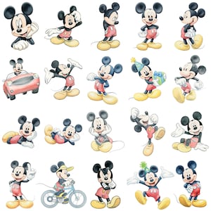 May include: A collection of watercolor illustrations of Mickey Mouse in various poses. Mickey is depicted in his classic outfit: red shorts, yellow shoes, and white gloves. The illustrations showcase Mickey in different activities and expressions, with a few images of Mickey driving a red car and riding a bicycle.