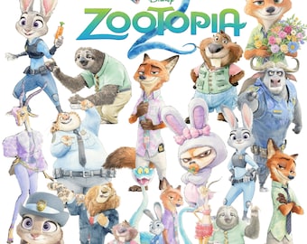 Pacchetto di oltre 200 clipart PNG ad acquerello di Zootopia 2, kit di clipart PNG di animali dei cartoni animati di Zootopia 2, Zootropolis Zoomania Zootopia2 Pacchetto di clipart PNG