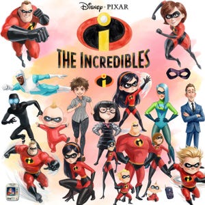 Puede incluir: Un póster de Disney Pixar Los Increíbles que presenta una colección de personajes ilustrados, incluidos Mr. Increíble, Elastigirl, Violet, Dash, Jack-Jack, Frozono, Edna Moda y otros con sus característicos trajes de superhéroe rojos, negros y azules.