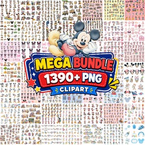 Puede incluir: Una colección digital de más de 1390 archivos de imágenes prediseñadas PNG con varios personajes de dibujos animados, incluidos Mickey Mouse, Minnie Mouse y Donald Duck en diversas poses, con un banner central que dice MEGA BUNDLE 1390+ PNG CLIPART.