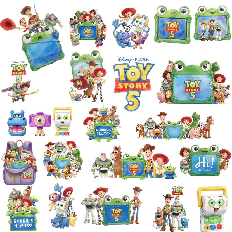 K&ouml;nnte beinhalten: Eine Sammlung digitaler Illustrationen mit Disney Pixar Toy Story 5 Charakteren wie Woody, Buzz Lightyear, Jessie und verschiedenen gr&uuml;nen froschf&ouml;rmigen Rahmen. Die Grafiken enthalten das Toy Story 5 Logo, Rucks&auml;cke, Kameras und verschiedene Spielzeuge.