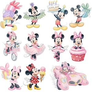 May include: A collection of cartoon illustrations featuring Mickey and Minnie Mouse. Mickey is shown with gifts, a birthday cake, and a "Happy Birthday" banner. Minnie is depicted in various pink outfits, including a dress, a bicycle, and a race car.