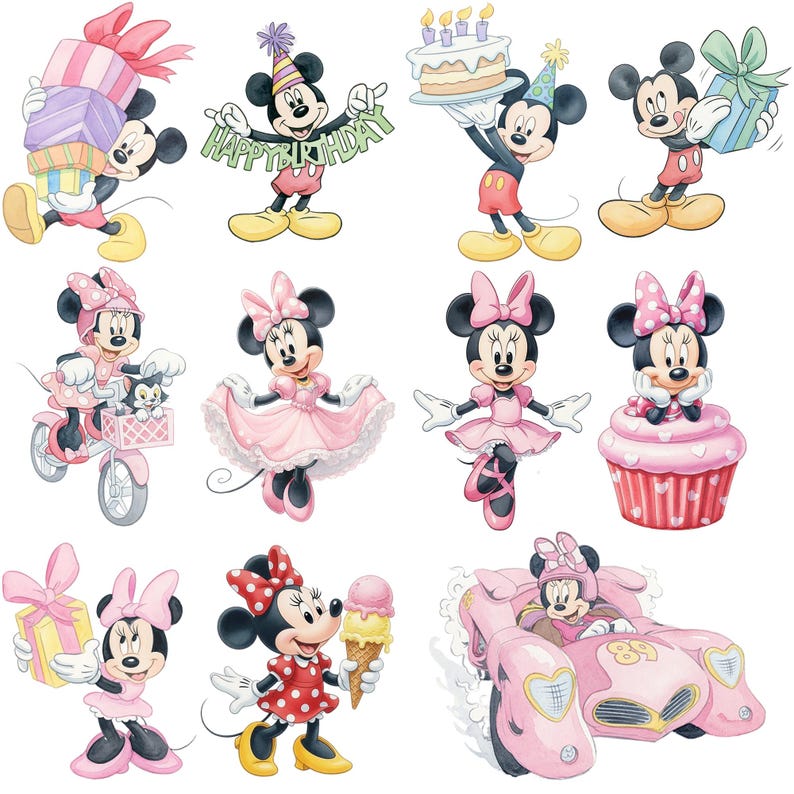 May include: A collection of cartoon illustrations featuring Mickey and Minnie Mouse. Mickey is shown with gifts, a birthday cake, and a "Happy Birthday" banner. Minnie is depicted in various pink outfits, including a dress, a bicycle, and a race car.