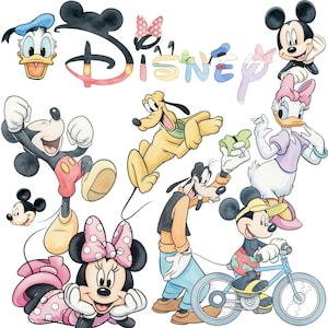 Puede incluir: Ilustración en acuarela con varios personajes de Disney, incluyendo Mickey Mouse, Minnie Mouse, Donald Duck, Daisy Duck, Goofy y Pluto. El logotipo de Disney también está presente, con un lazo rosa y letras coloridas. Los personajes están en varias poses.