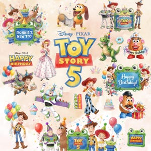 Puede incluir: Una ilustración digital que presenta a los personajes de Toy Story, incluyendo a Woody, Buzz Lightyear, Jessie, Slinky Dog, Rex y el Sr. y la Sra. Cara de Papa. La imagen incluye el texto Toy Story 5, Happy Birthday y Bonnie's New Toy, con globos coloridos, pasteles y confeti en toda la composición.