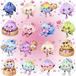 May include: A collection of sixteen cartoon dumpling characters in various colors including blue, pink, purple, green, and rainbow. Each dumpling features a smiling face, limbs, and accessories like bows, hats, sunglasses, and small bamboo steamers.