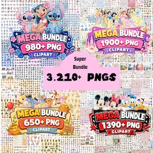 Puede incluir: Una colección gráfica digital con cuatro secciones distintas de paquetes de imágenes prediseñadas de personajes con textos superpuestos Mega Bundle 980+ PNG, 1900+ PNG, 650+ PNG, 1390+ PNG y una etiqueta rosa central Super Bundle 3.210+ PNGS.