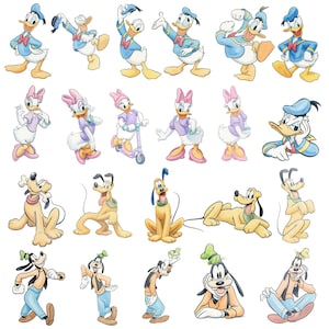 May include: A collection of cartoon illustrations featuring Donald Duck, Daisy Duck, Pluto, and Goofy in various poses. Donald Duck is in a blue sailor suit. Daisy Duck is in a purple dress. Pluto is a yellow dog. Goofy is wearing a brown vest and blue pants.