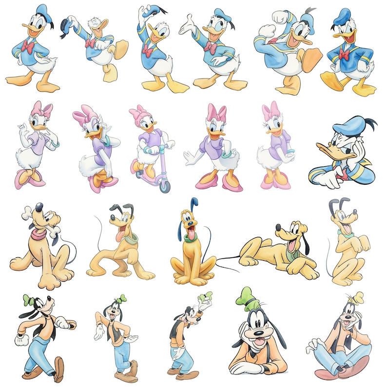 May include: A collection of cartoon illustrations featuring Donald Duck, Daisy Duck, Pluto, and Goofy in various poses. Donald Duck is in a blue sailor suit. Daisy Duck is in a purple dress. Pluto is a yellow dog. Goofy is wearing a brown vest and blue pants.