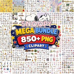 Puede incluir: Una colección digital de imágenes prediseñadas de los personajes de Snoopy y Peanuts con más de 850 archivos PNG. El gráfico central muestra el texto Snoopy Mega Bundle 850+ PNG Clipart rodeado de numerosas ilustraciones pequeñas de personajes.