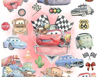 Digitales Aquarell-Set mit über 100 niedlichen Autos, Kinderauto-Thema, Aquarell-Set, niedliche Fahrzeuge, Aquarell-Autos, digitales Kinder-Set