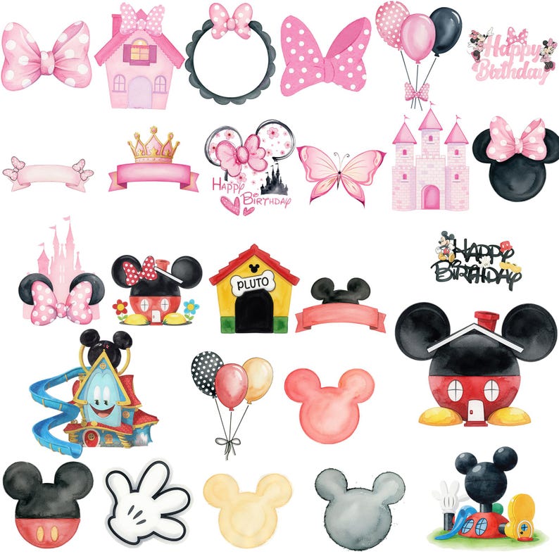 May include: A collection of watercolor illustrations featuring Minnie Mouse and Mickey Mouse themes. Includes bows, houses, castles, balloons, and a Pluto dog house. The designs are in pink, black, red, and yellow, with the words "Happy Birthday".
