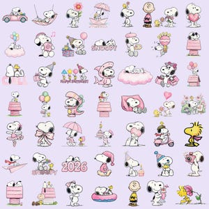 May include: A collection of Snoopy illustrations in various poses and settings, including Snoopy in a car, on a cloud, and with balloons. The images feature a pink and white color scheme, with some including text like "Snoopy" and "Happy Birthday!"