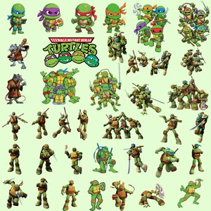 Puede incluir: Una colección de ilustraciones de las Tortugas Ninja. Las imágenes muestran a las cuatro tortugas con máscaras de diferentes colores, junto con otros personajes y el logotipo de TMNT. Las tortugas se representan en poses de acción, con armas.
