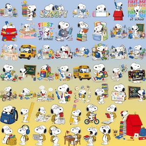 Puede incluir: Una colección de ilustraciones de Snoopy con temas escolares. Snoopy se representa con libros, mochilas, lápices y autobuses escolares. Algunas imágenes incluyen texto que dice "Snoopy", "First Day of School" y "Back to School".