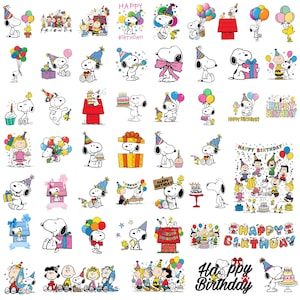 May include: A selection of Snoopy and Peanuts-themed birthday stickers. The stickers depict Snoopy with party hats, balloons, and presents. Text includes "Happy Birthday" and "Friends". The colour scheme includes red, yellow, blue, and white.