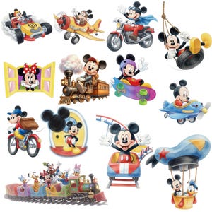May include: A collection of watercolor illustrations featuring Mickey Mouse and friends in various vehicles and settings. Includes Mickey on a motorcycle, airplane, skateboard, and in a hot air balloon. Also features Minnie Mouse and a train.