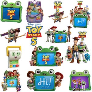 May include: A collection of Toy Story 5 themed digital graphics featuring Woody, Buzz Lightyear, and various characters. The images include a green frog-shaped tablet frame, a purple backpack, and a small white printer device with colorful buttons.