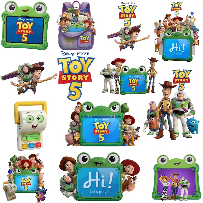 May include: A collection of Toy Story 5 themed digital graphics featuring Woody, Buzz Lightyear, and various characters. The images include a green frog-shaped tablet frame, a purple backpack, and a small white printer device with colorful buttons.