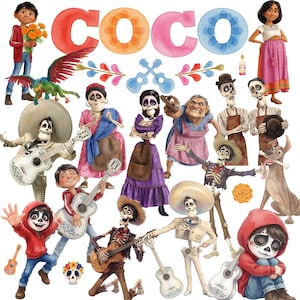 May include: A digital illustration featuring characters from the movie Coco, including Miguel, Hector, and Ernesto de la Cruz, alongside a colorful alebrije, guitars, marigolds, and the word Coco in large, vibrant, watercolor-style letters.