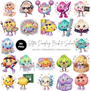Puede incluir: Una colección de ilustraciones digitales que muestran dumplings antropomórficos con texturas brillantes, realizando diversas actividades escolares. La imagen incluye el texto Glitter Dumpling Back To School, 65+ PNGs, 300 DPI, TRANSPARENT, 4000x4000px.