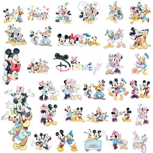 May include: A collection of colorful Disney character illustrations, including Mickey Mouse, Minnie Mouse, Donald Duck, Daisy Duck, Goofy, and Pluto. The images feature various poses and groupings of the beloved cartoon characters.