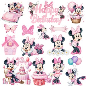 Puede incluir: Una colección de pegatinas con temática de Minnie Mouse que incluye varias poses, un coche rosa, un pastel de cumpleaños, un cupcake, globos, una casa y mariposas. El texto Happy Birthday aparece en letra rosa junto a lazos de lunares.