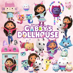 Puede incluir: Un gráfico colorido que presenta el logotipo de DreamWorks Gabby's Dollhouse rodeado de varios personajes animados, incluida Gabby con su cabello castaño rizado, una casa de muñecas rosa y varias criaturas felinas en tonos vibrantes.