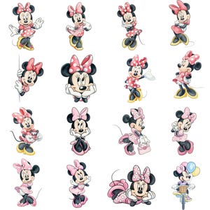 May include: A collection of sixteen illustrations of Minnie Mouse in various poses. Minnie Mouse is depicted in her signature pink and white polka dot dress, bow, and shoes. The illustrations are in a cartoon style.