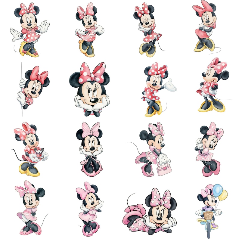 May include: A collection of sixteen illustrations of Minnie Mouse in various poses. Minnie Mouse is depicted in her signature pink and white polka dot dress, bow, and shoes. The illustrations are in a cartoon style.