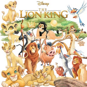 May include: A vibrant illustration of characters from Disney's The Lion King. The image includes Simba, Nala, Timon, Pumbaa, and other characters. The title "The Lion King" is displayed in gold lettering at the top.
