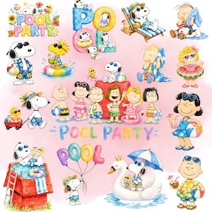 Puede incluir: Una colección de personajes de Peanuts con ropa de verano, incluyendo a Snoopy, Woodstock, Charlie Brown y amigos. Las ilustraciones presentan temas de fiesta en la piscina con pelotas, flotadores, gafas y el texto POOL PARTY.