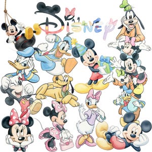 May include: A colorful illustration featuring various Disney characters, including Mickey Mouse, Minnie Mouse, Donald Duck, Goofy, and Pluto. The word "Disney" is displayed in a playful font, with each letter in a different color. The characters are in various poses.